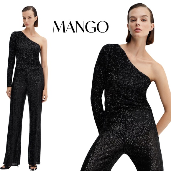 Mango Elegant Black Asymmetrical Sequined One-Shoulder Top Sz S NWT - Picture 1 of 11
